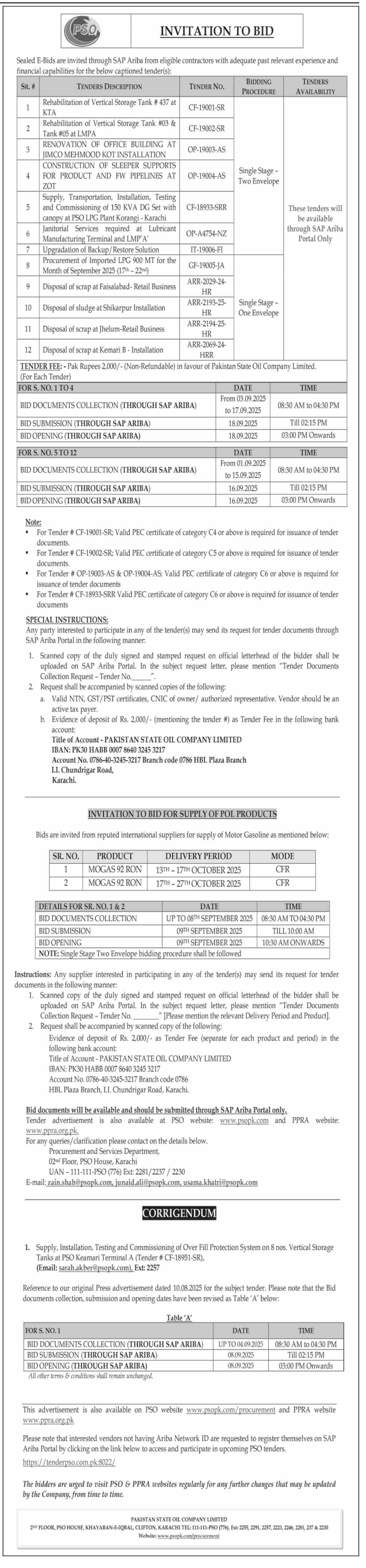 Pakistan State Oil Company Limited Karachi Tender Notice